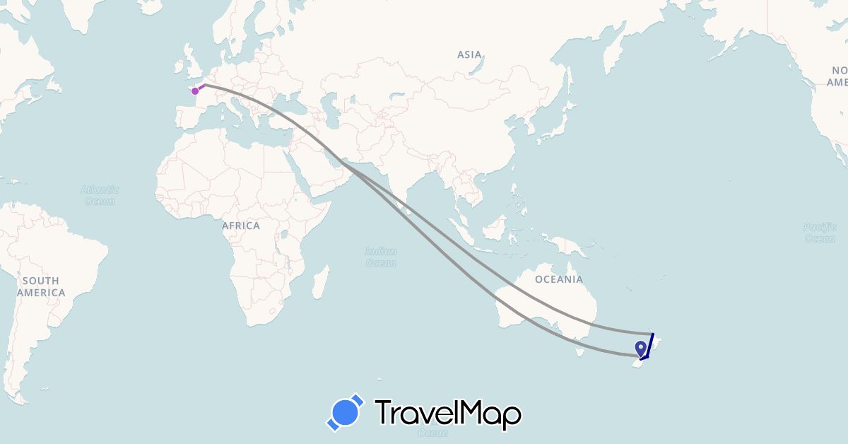TravelMap itinerary: driving, plane, train in United Arab Emirates, Australia, France, New Zealand (Asia, Europe, Oceania)